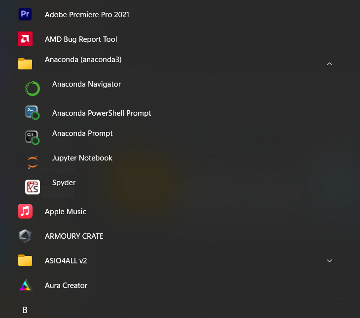 Anaconda in Windows Start menu