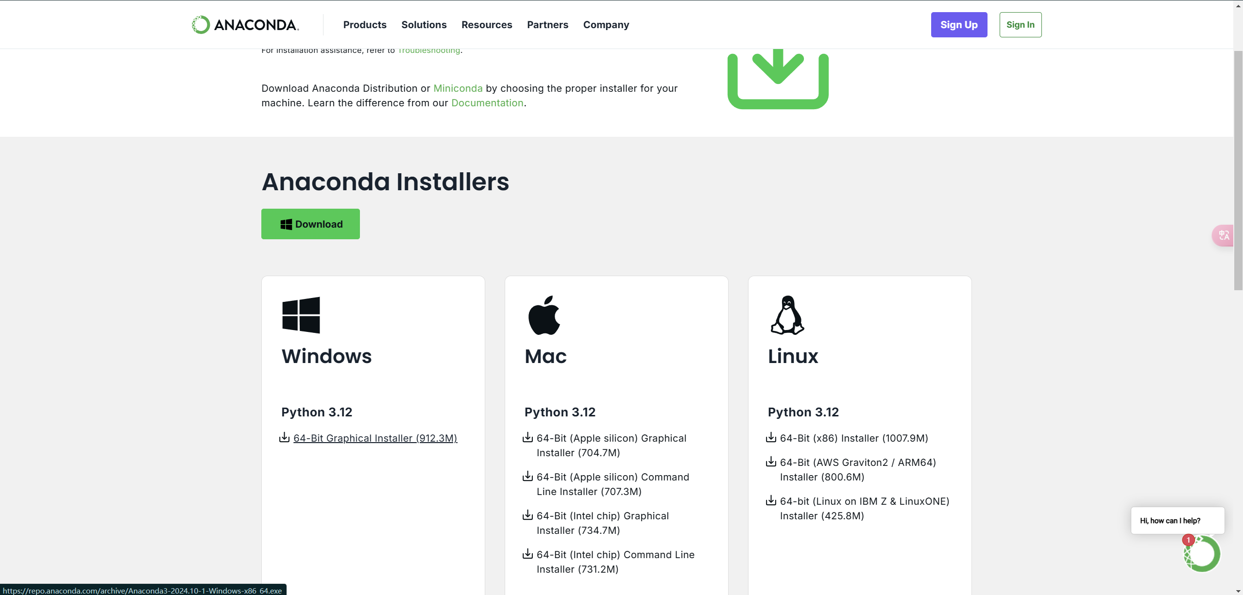 Anaconda installers download page