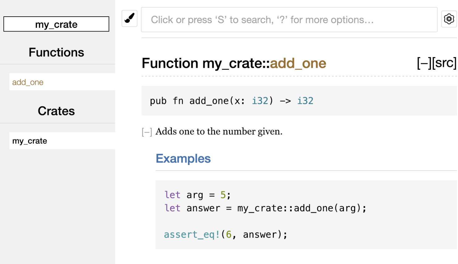 rustdoc page for my_crate::add_one with signature, description, and Examples