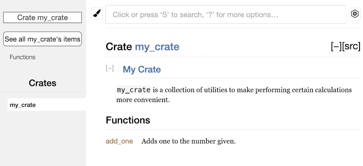 rustdoc crate page for my_crate with crate description and Functions list