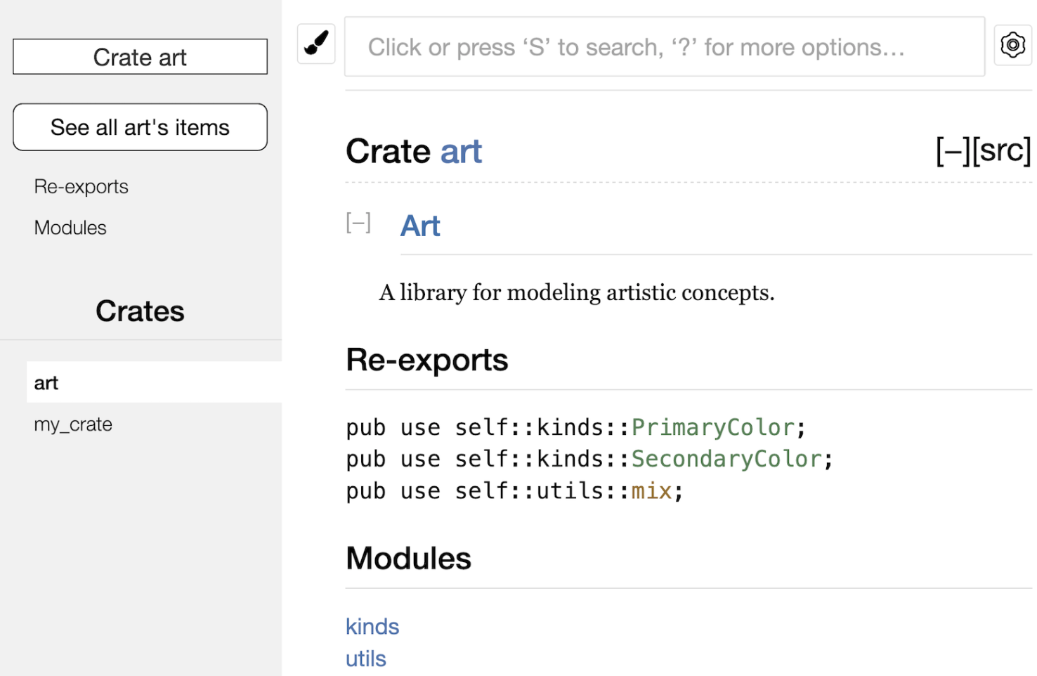 rustdoc page for art crate showing Re-exports of PrimaryColor, SecondaryColor, and mix