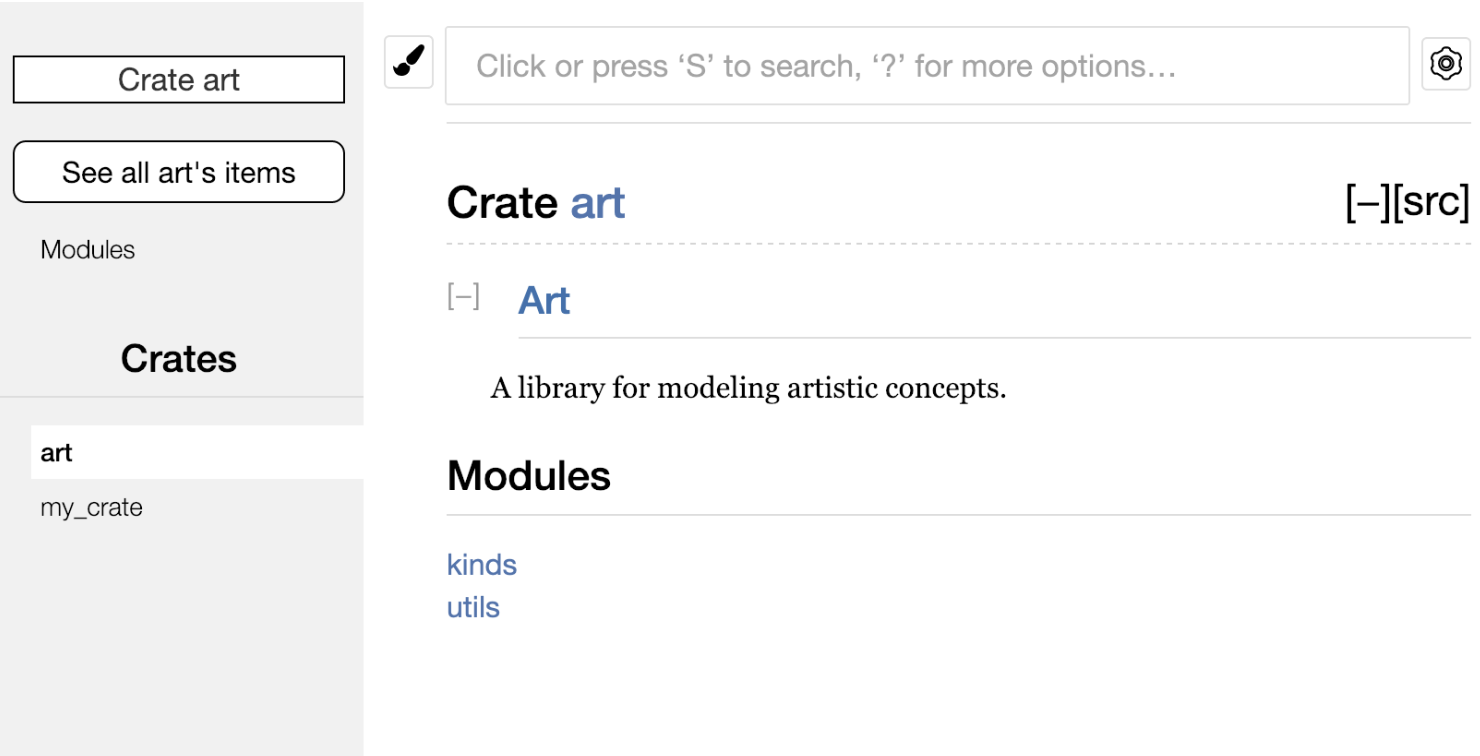 rustdoc page for the art crate listing kinds and utils modules