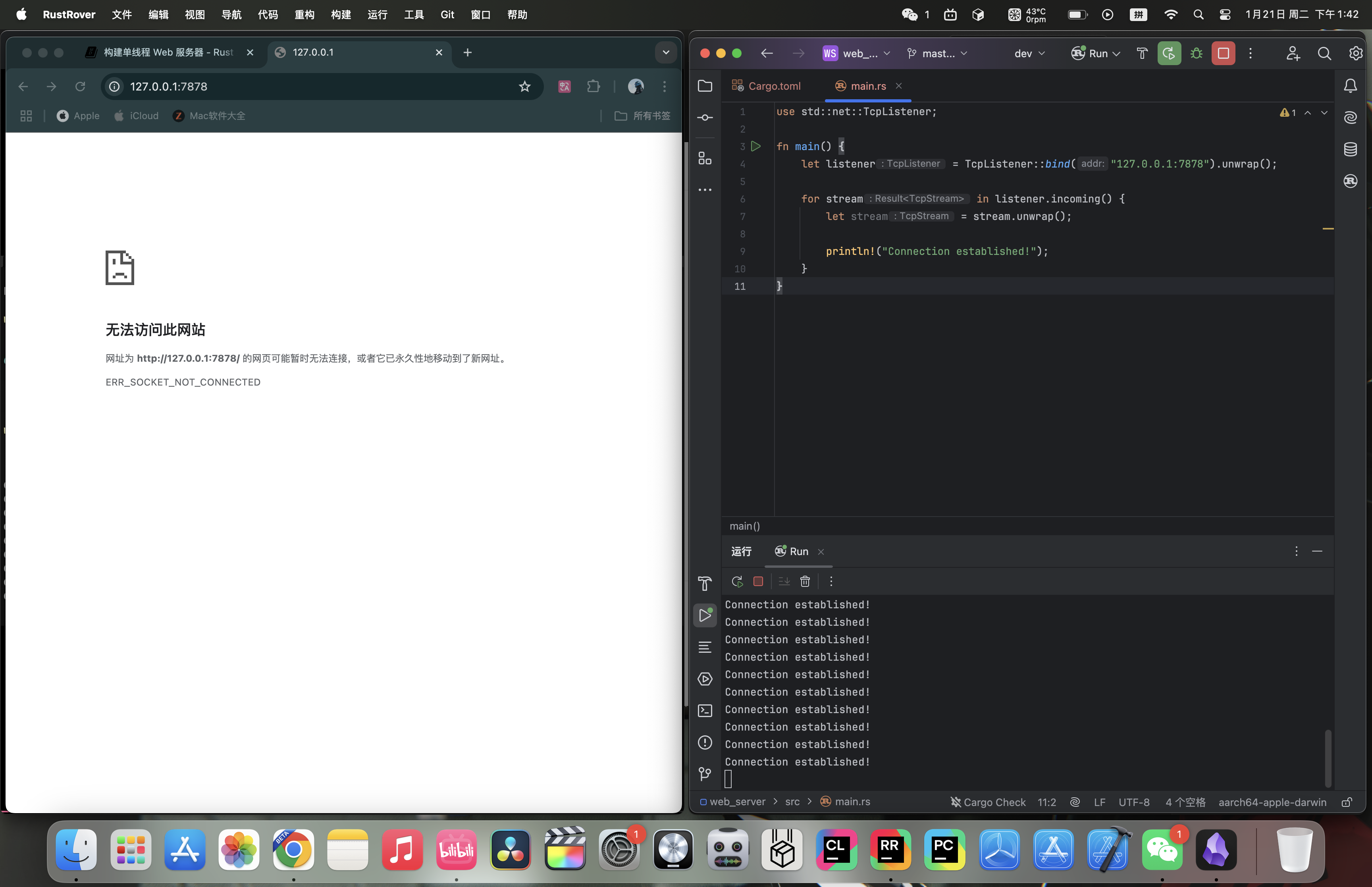 Browser connection error beside terminal printing Connection established!