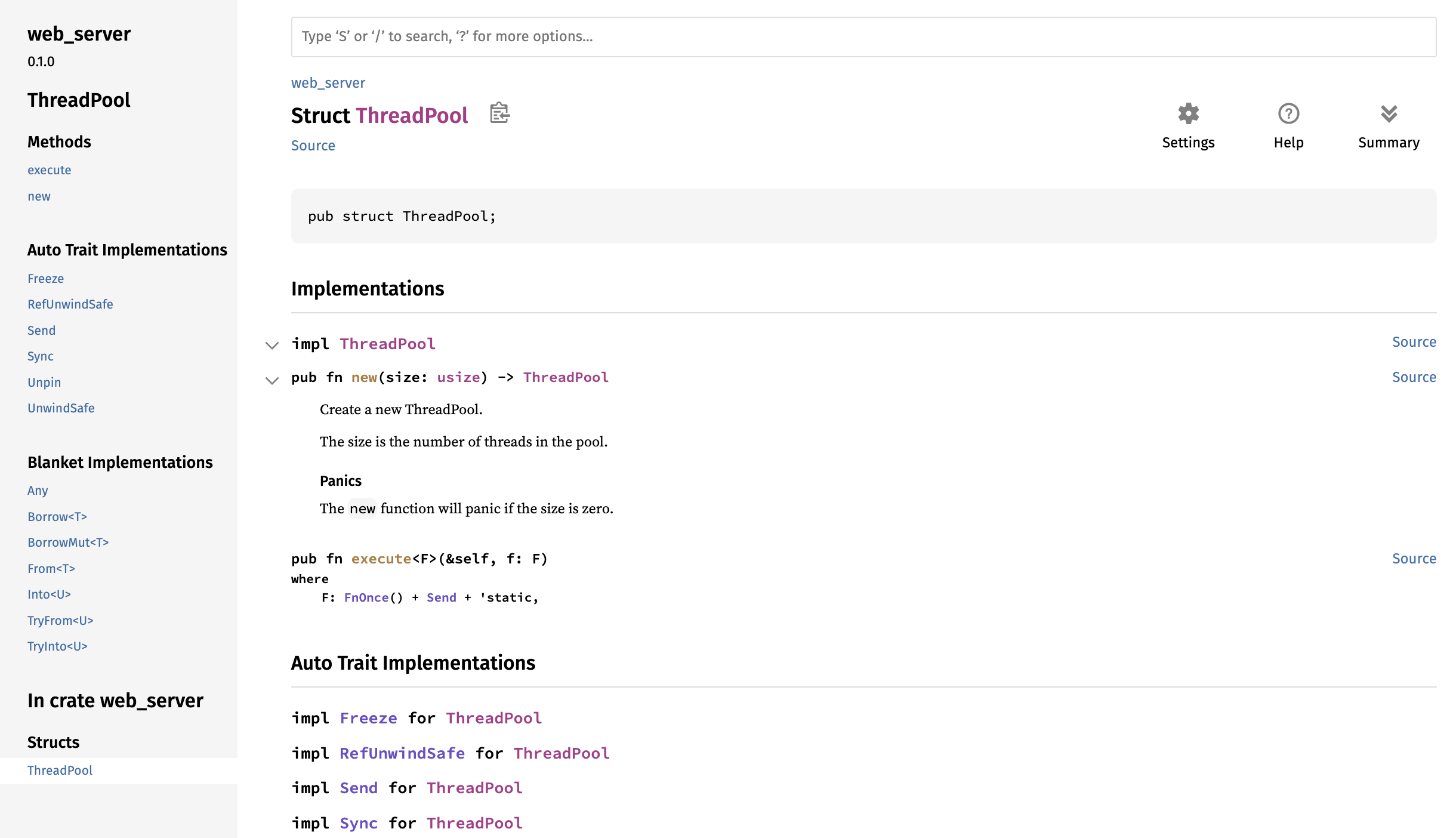 cargo doc page for ThreadPool showing new and execute methods